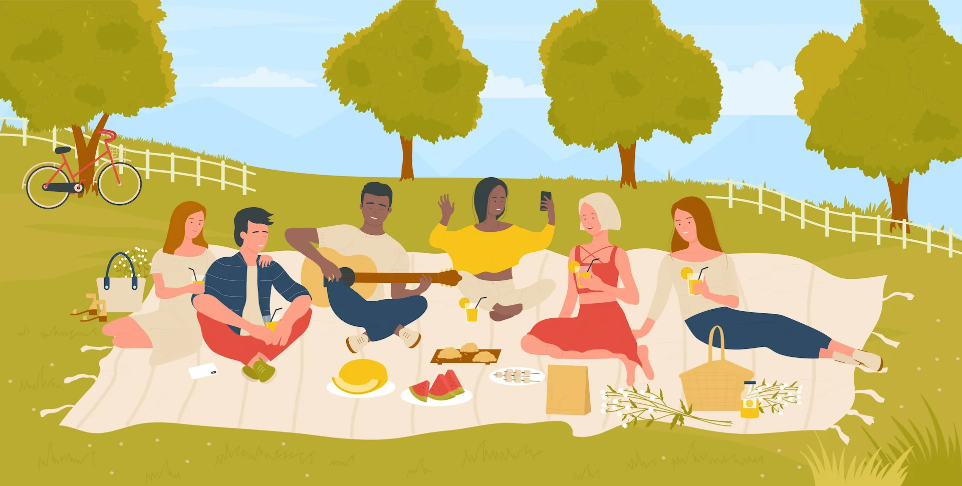 A vector illustration of people having a picnic on grass.