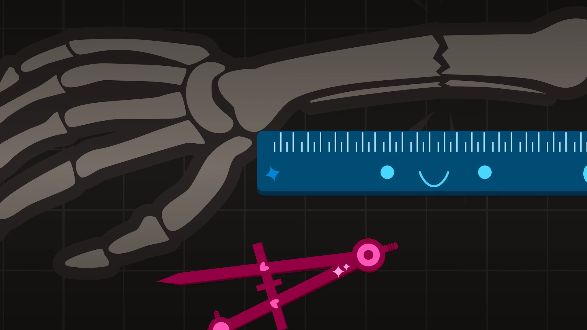 An illustration of an x-ray radiograph of a human arm with a bone fracture. The image also includes a ruler with a smiley face.
