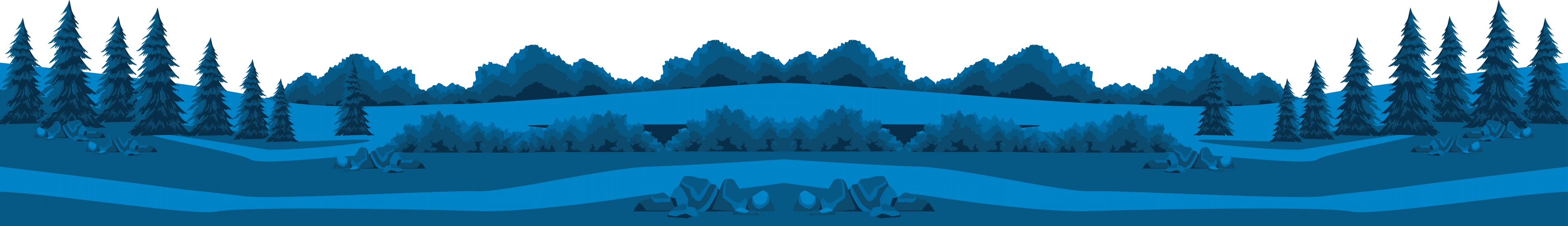 A wide illustration of a blue forest with blue trees and rocks.