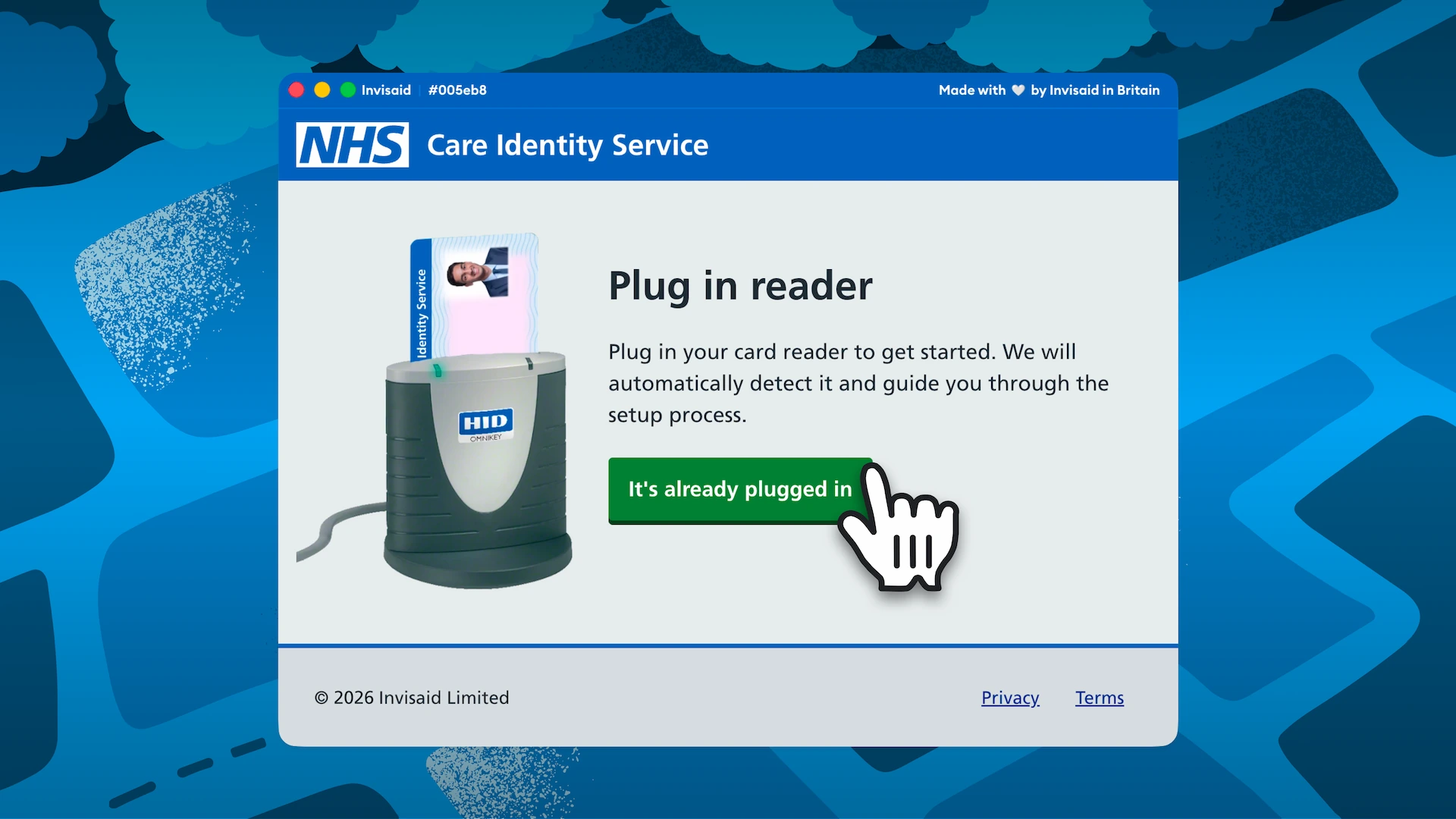 A screenshot of Invisaid’s NHS CIS2 Identity Manager for Mac application in light mode showing the start screen which asks the user to insert their smartcard.