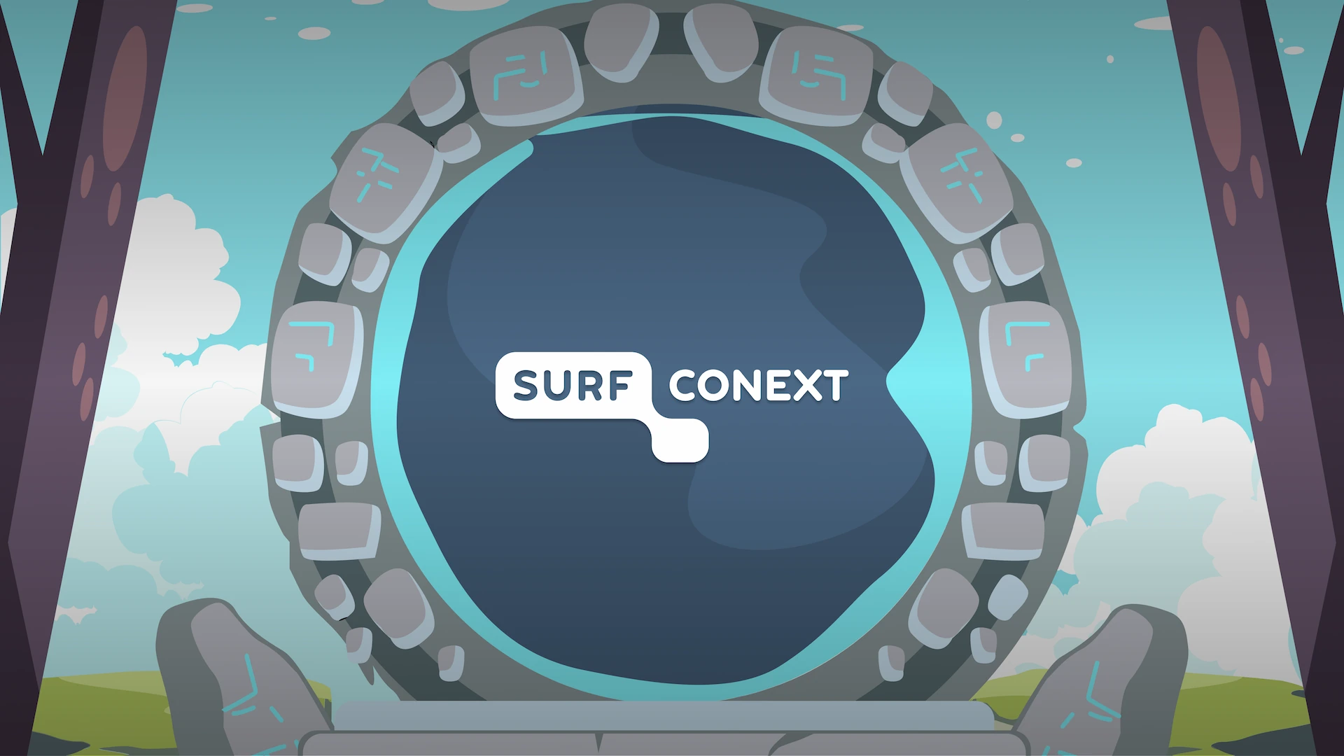 An illustration of a magical portal in a forest with the SURFconext logo on it.
