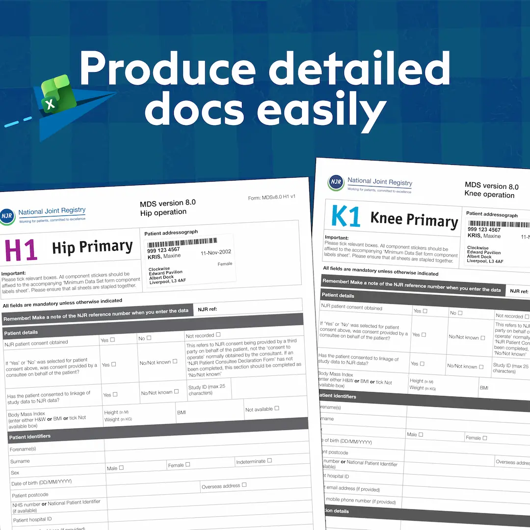 You can produce reports and forms with automated data entry on Invisaid. We're adding MDSv8 forms as templates for The National Joint Registry. You can also produce XML files for bulk uploading.