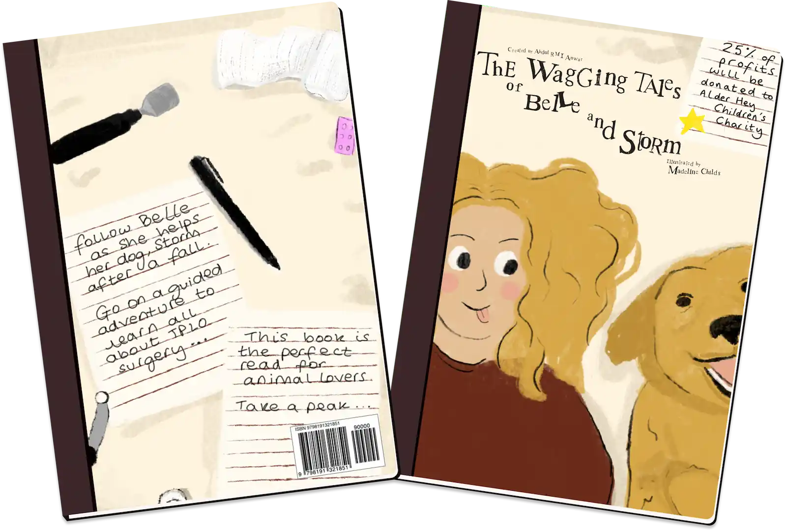 An illustration of two books showcasing the front and back cover of a children’s book titled The ❝The Wagging Tales of Belle & Storm: TPLO Tuesday❞. The front cover is shows a girl and her dog, a golden retriever lying down on the floor together.