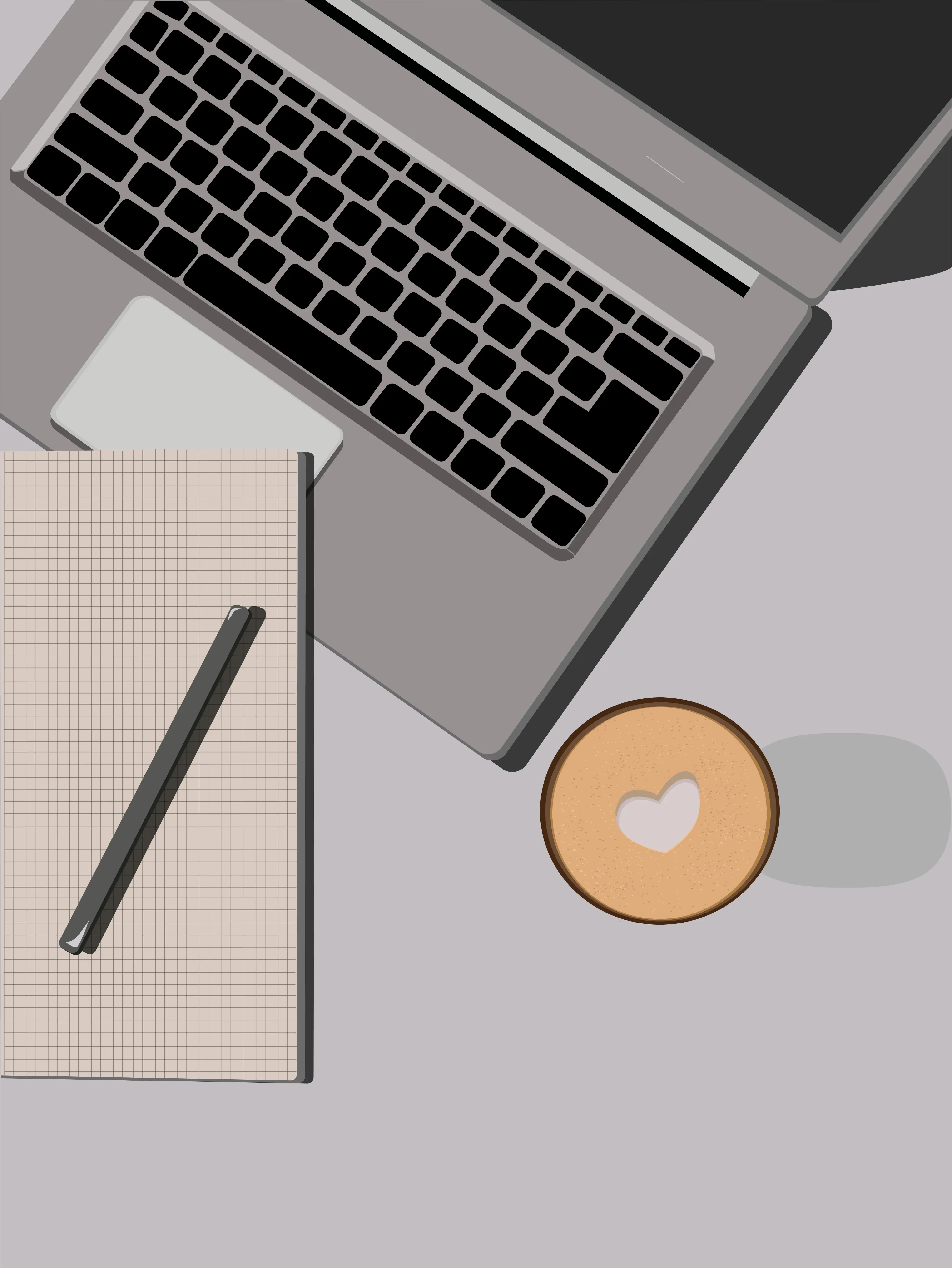 A vector illustration of a laptop and notebook on a coffee table.